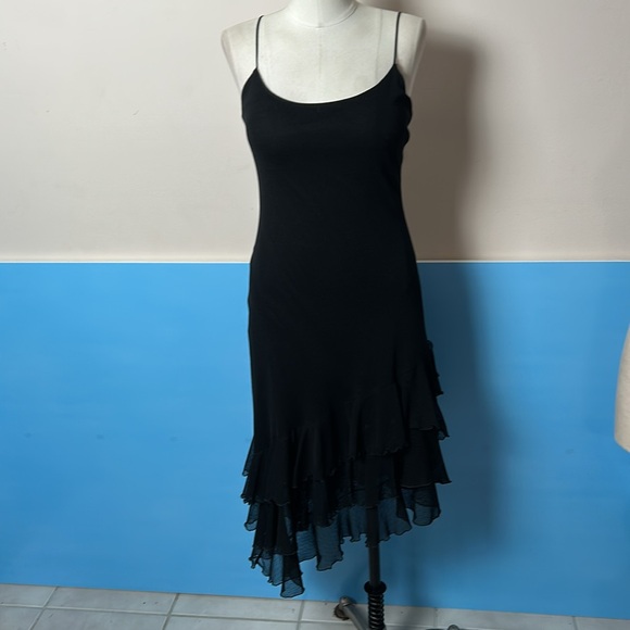 VTG Betsey Johnson Black Asymmetrical Ruffled Dotted Lace Dress layered ruffle - Picture 4 of 15